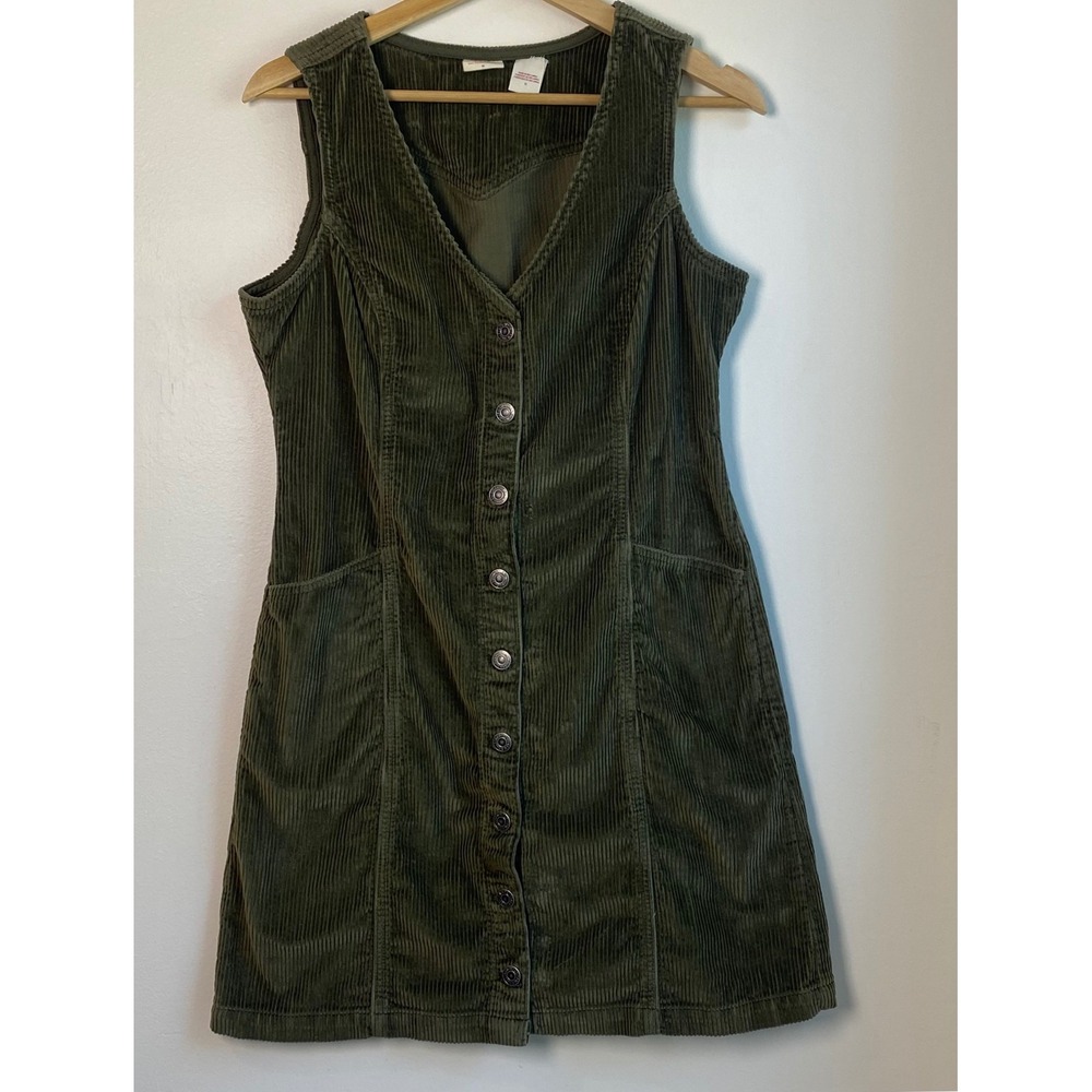 Levi Strauss & Co Corduroy Mini Dress Womens Medium Green Button Front Pinafore
